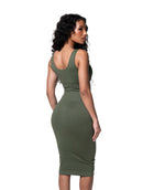 Vestido midi sem costura com decote em V profundo